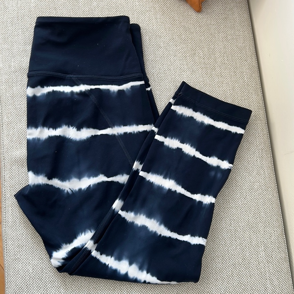 Blue and white striped cropped leggings from Athleta